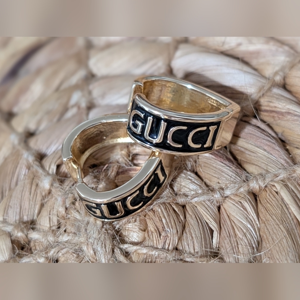 GUCCI Gold-Tone Black Enamel Huggie Earrings